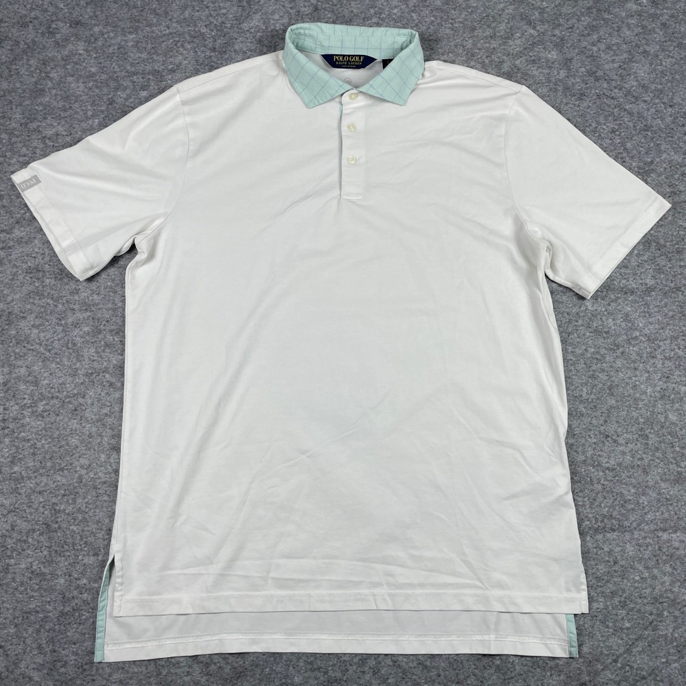 Polo Golf Ralph Lauren Polo Shirt Mens L White Plaid Collar Wicking Stretch